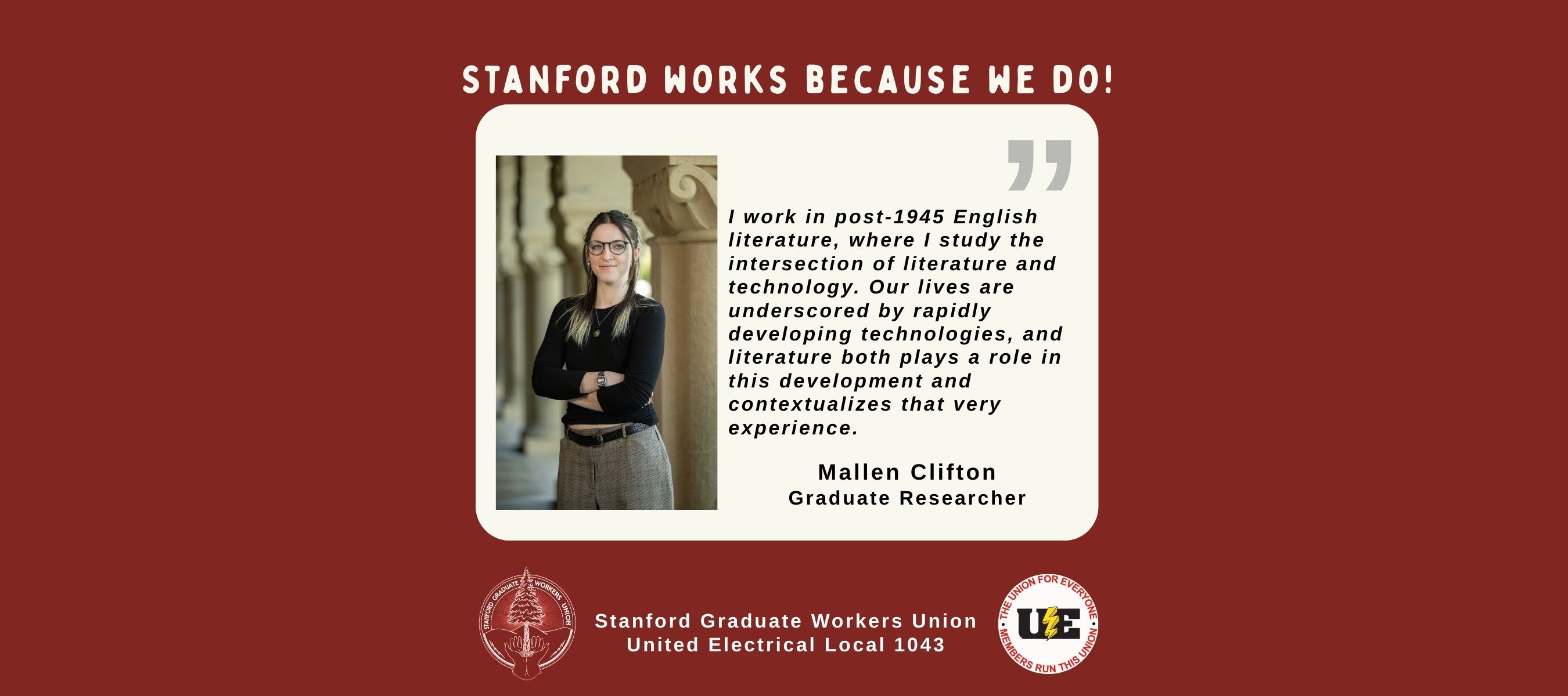 Image of Stanford graduate worker, Mallen Clifton, and a description of their work