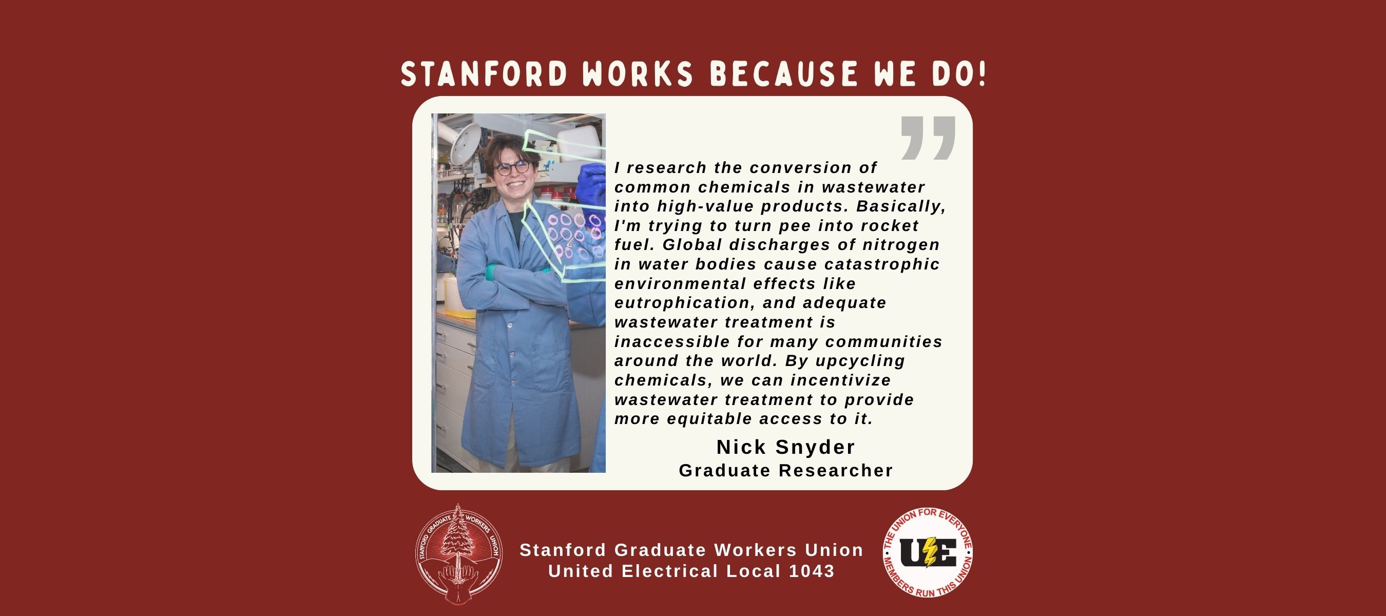 Image of Stanford graduate worker, Nick Snyder, and a description of their work