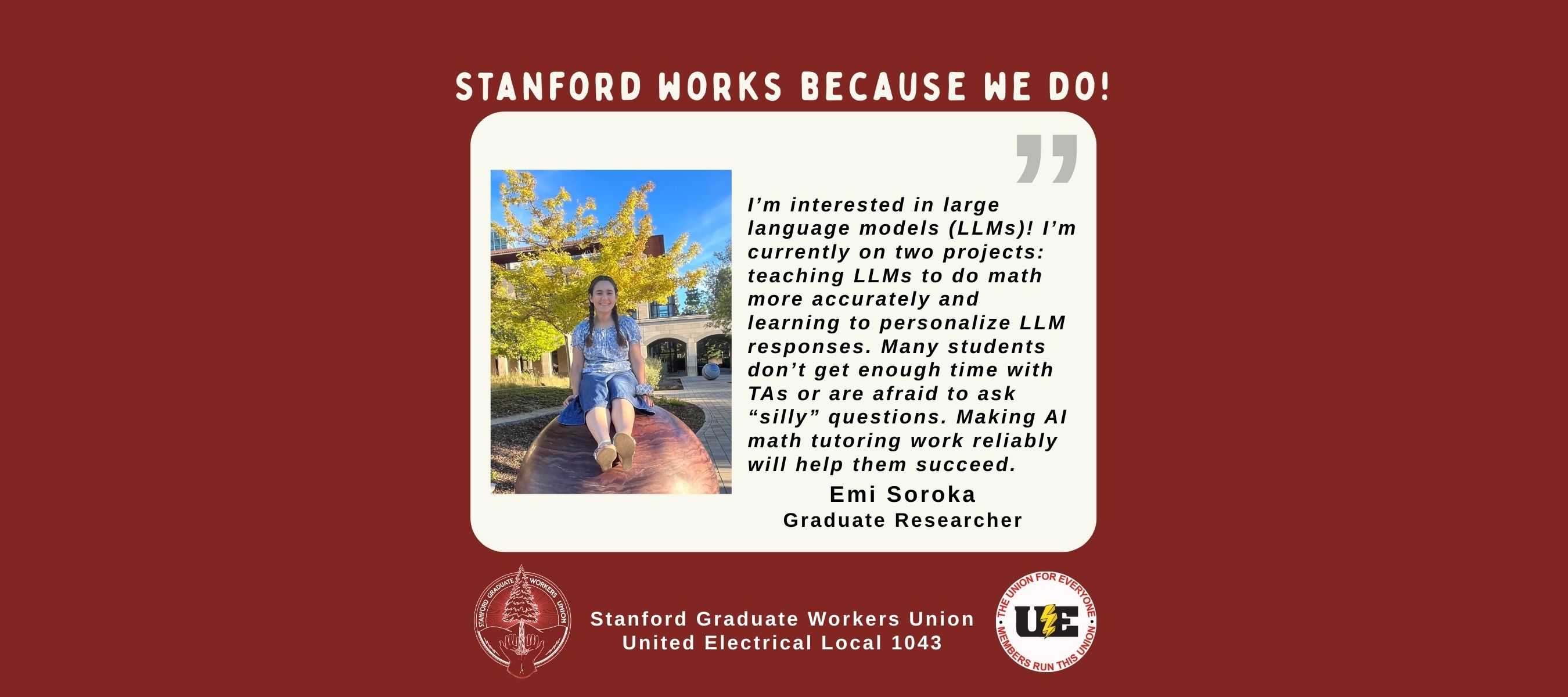 Image of Stanford graduate worker, Emi Soroka, and a description of their work