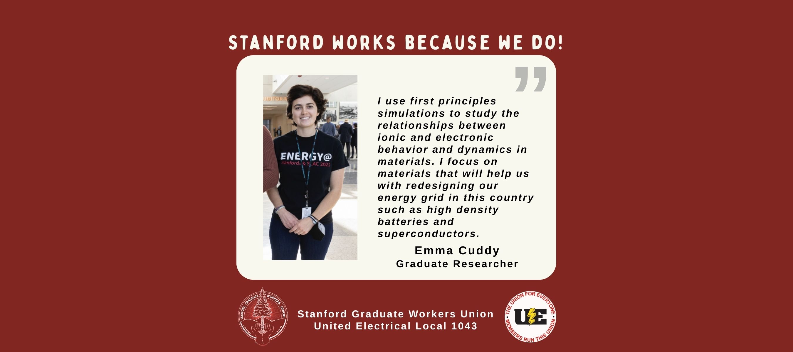 Image of Stanford graduate worker, Emma Cuddy, and a description of their work